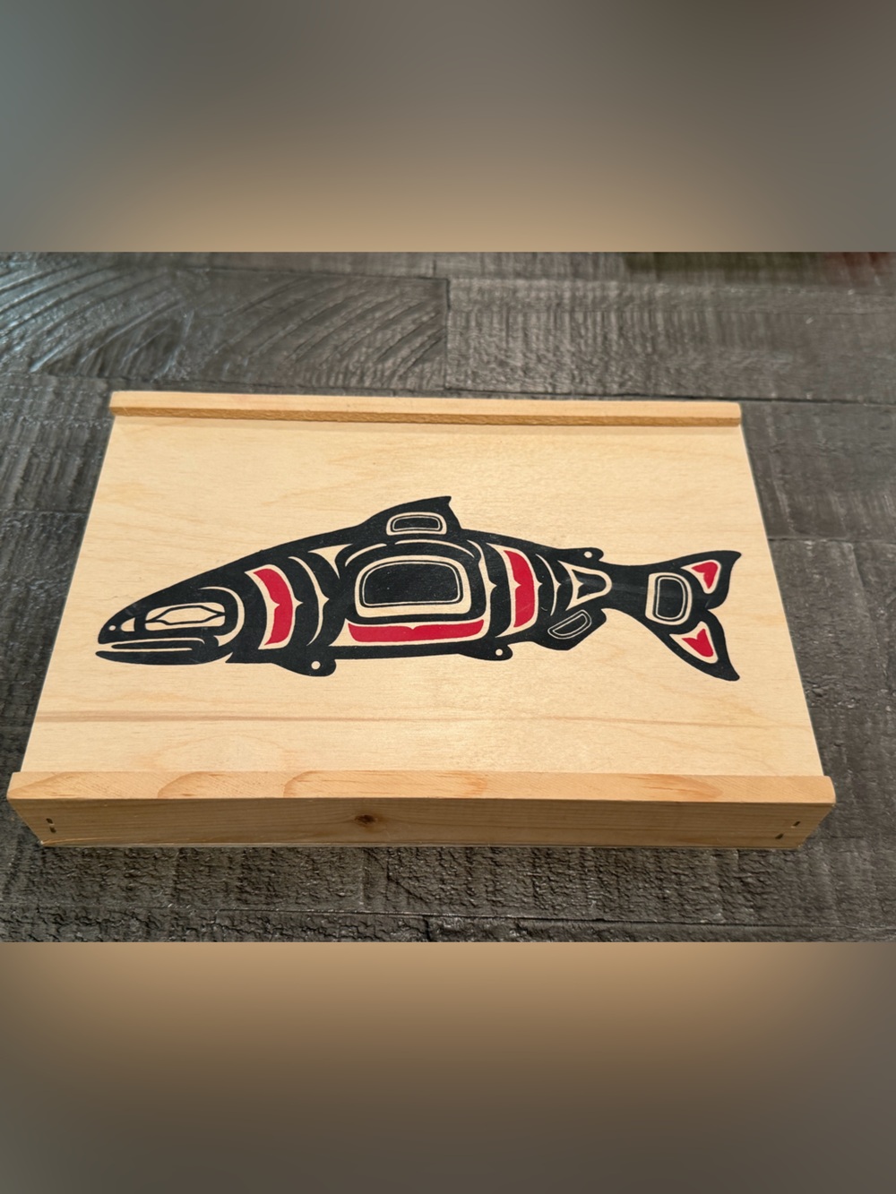 Pacific Northwest Native Salmon Design Wood Slide Lid Box ~ Keepsake Storage Box